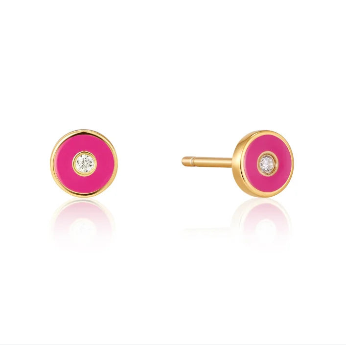 Factory Wholesale Cute Gold Plated 925 Sterling Silver Pink Enamel Disc Single Diamond Stud Earrings for Girl