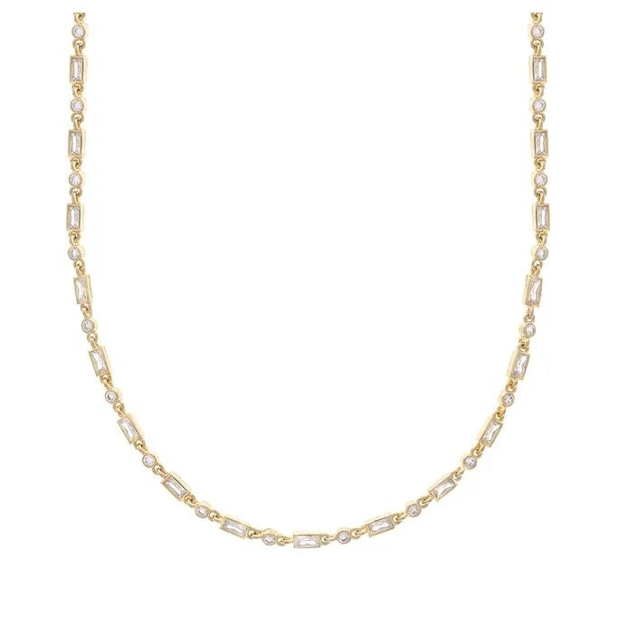 14K Gold Plated Bezel Baguette CZ and Round CZ Necklace in Brass