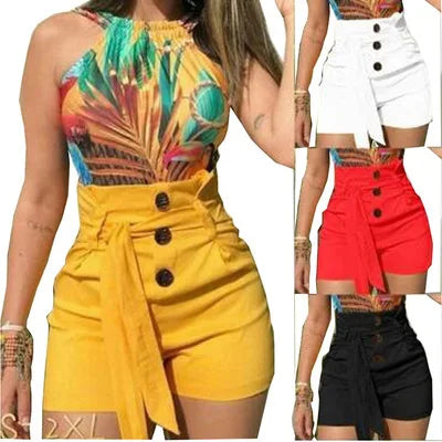 Clothes Store Women Custom Red Yellow Shorts Ladies High Waist Button Down Waistband Booty Shorts