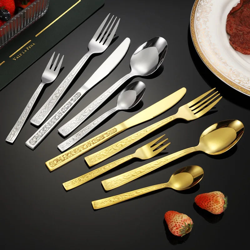 Hammered Handle Stainless Steel Silverware Metal Spoon Knife and Fork Western Tableware Mirrored Cutlery Set