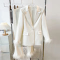 Luxury Spring Autumn Fancy Clothes White Color Long Sleeve With Feathers Party Wear Two Piece Set