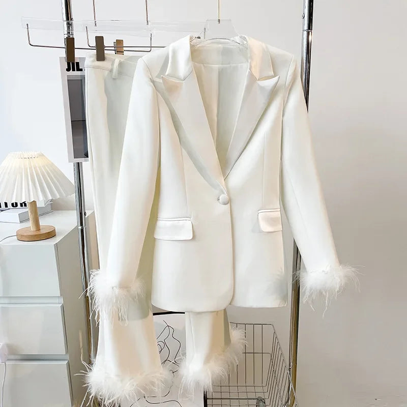 Luxury Spring Autumn Fancy Clothes White Color Long Sleeve With Feathers Party Wear Two Piece Set