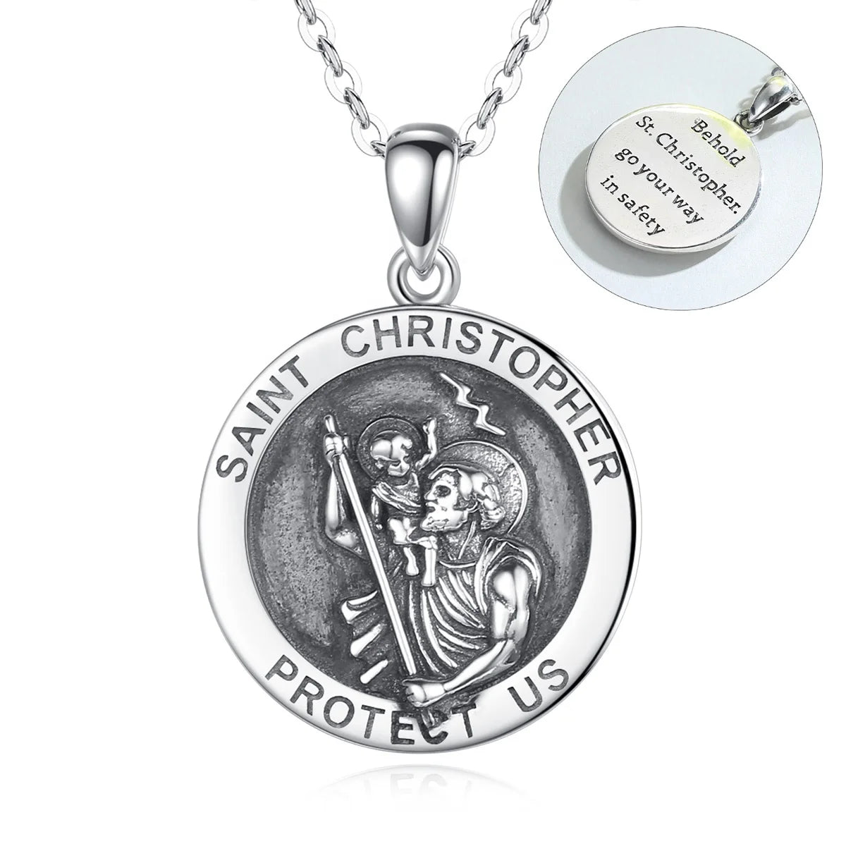Isunni Jewelry S925 Vintage Oxidized Saint Christopher Necklace Trendy Engravable Text for Engagement Wedding or Party
