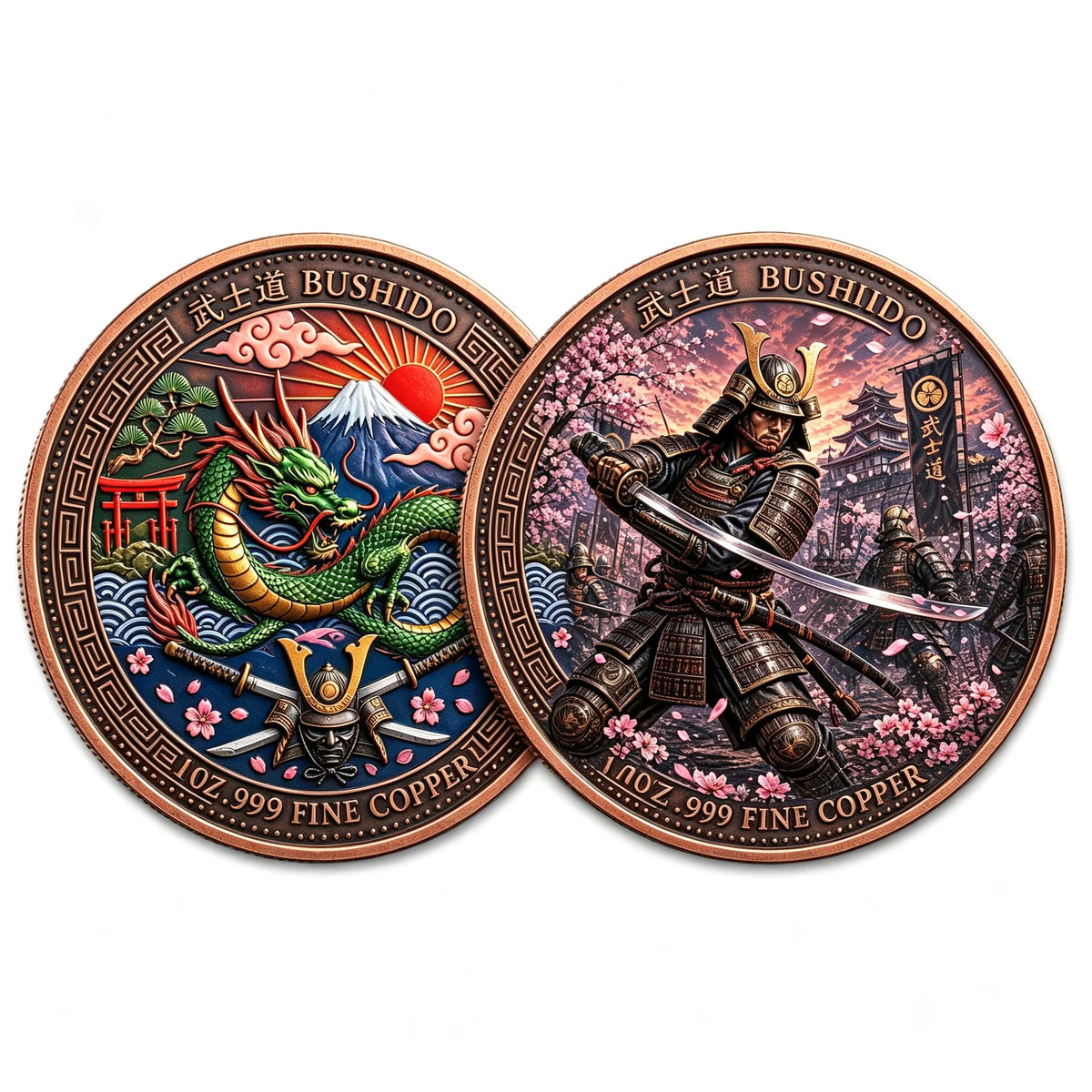 1oz 999 Fine Copper Bushido Samurai Dragon Dual Sided Embossed Commemorative Coin Mount Fuji Sakura Metal Crafts Souvenir MegaBDM