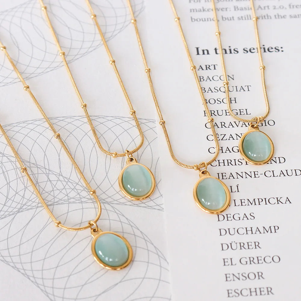 French Vintage INS Style Oval Opal Pendant Necklace Simple Trend Non Tarnish Titanium Steel Necklace Opal Jewelry