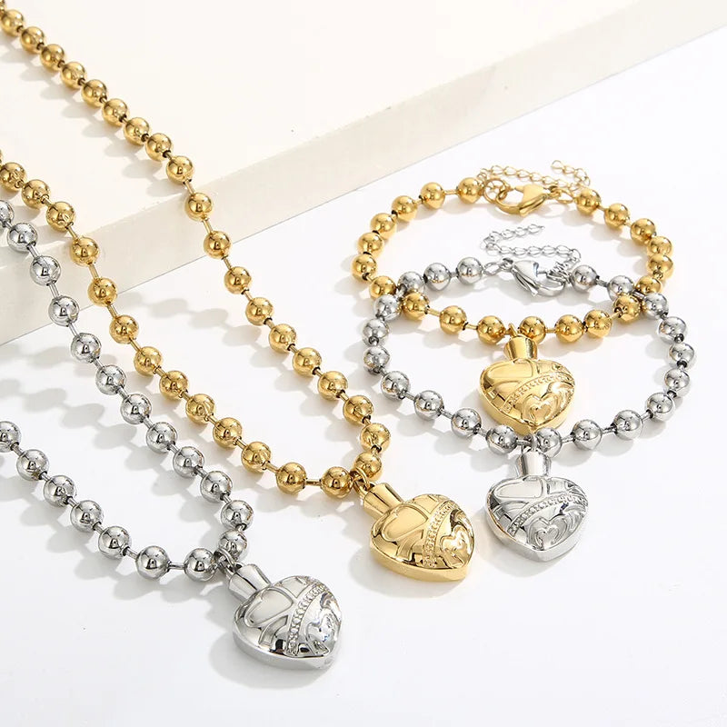 New Waterproof Jewelry Set Stainless Steel Texture Heart Pendant Necklace 18K Gold Plated Beaded Bracelet Necklace Sets YF3529
