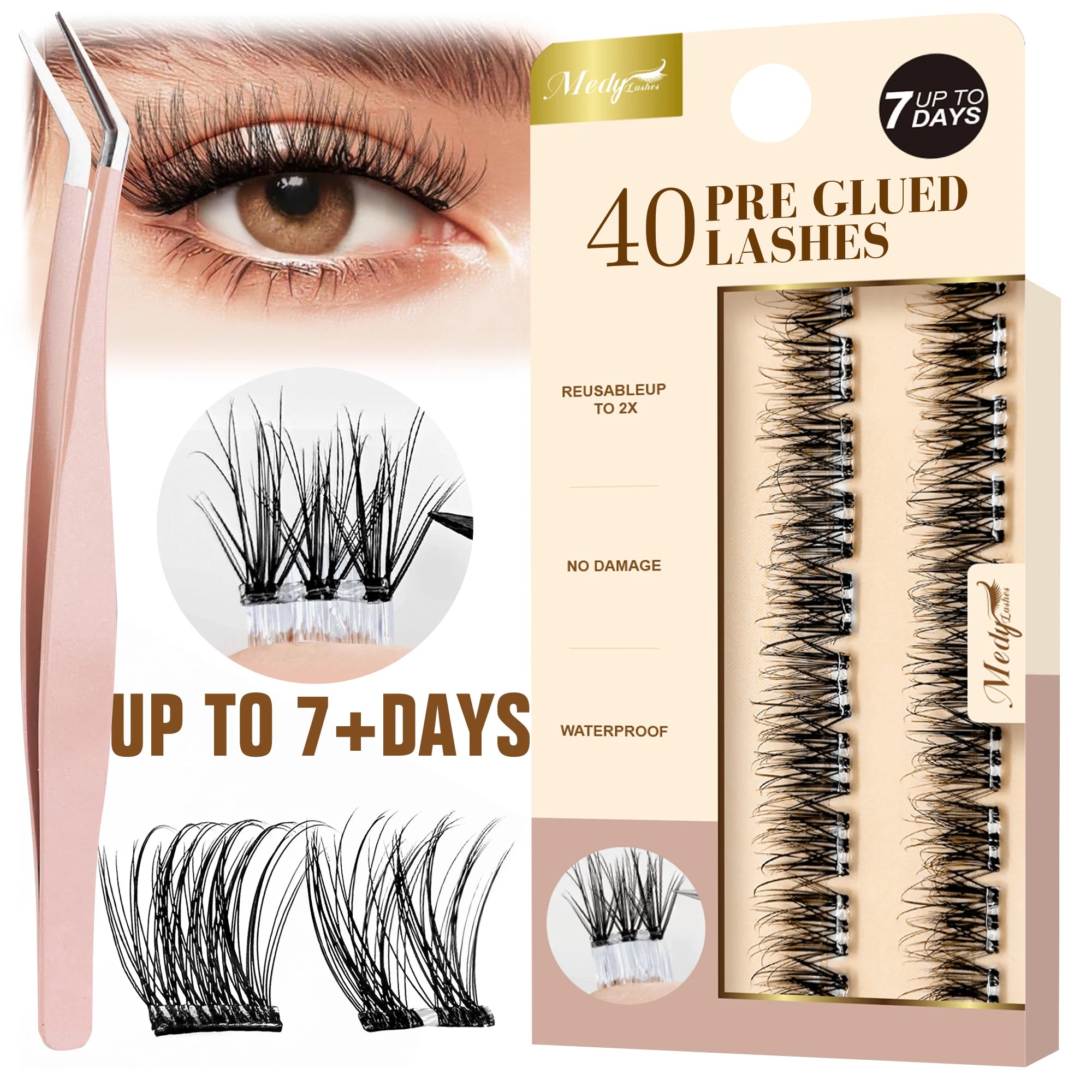 Self Stick DiyPre Glued Lashes Reusable Waterproof Eyelashes Wholesale Press on Cluster Lashes Custom Logo Self Adhesive Lashes