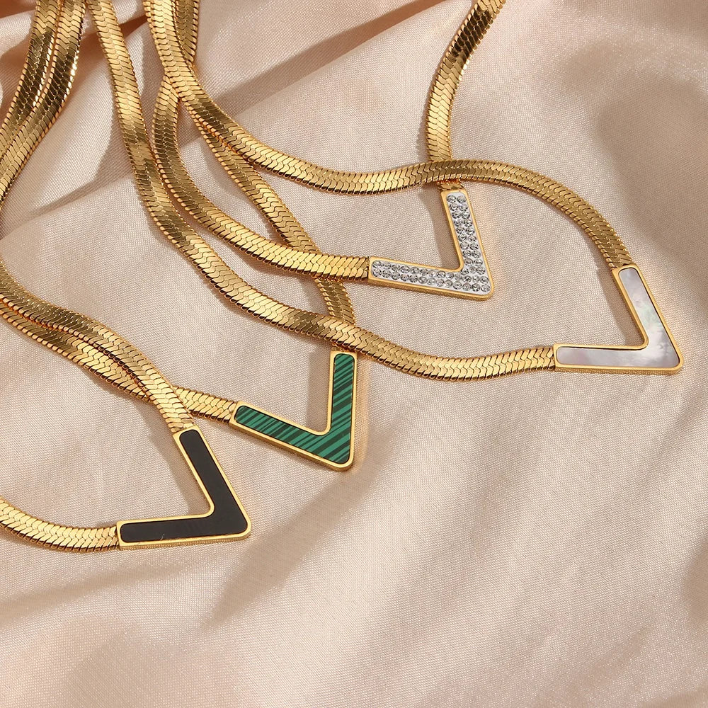 Dreamshow V Shape Zircon Acrylic Herringbone Chain Necklace Ladies Jewellery Sets Choker Stainless Steel Gold Plated Jewelry