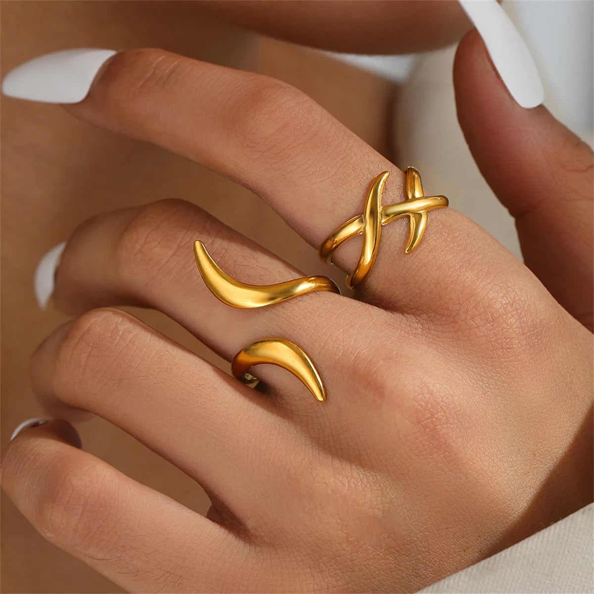 2 Pcs/Set Stainless Steel Adjustable Designer Rings for Women Trendy Ladies Waterproof Finger Rings Fashion Female Hand Jewelry