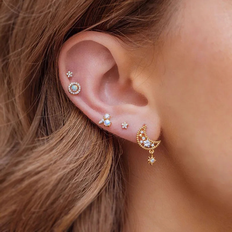925 Silver Needle Gold-Plated Stud Earrings Romantic Star Moon Butterfly Zircon Sweet Earrings Set for Women