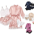 Hot Sale Fashion Summer Soft Smooth Silk Like Womens Robe Comfortable V Neck Women Sleepwear 4 PCS Set for Home Leisure