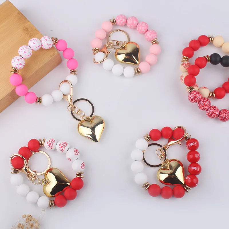 New Design Heart-Shaped Silicone Beaded Wrist Bracelets Valentine's Day Gift with Doll Pattern Rechargeable PU Bangle Keychain