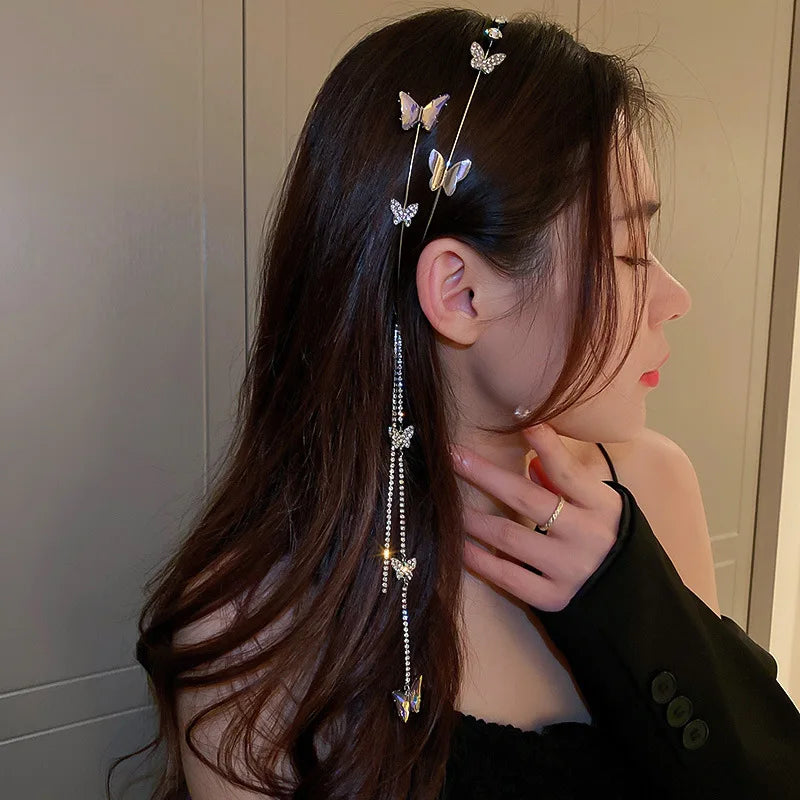Bling CZ Diamond Hair Hoop Women Hairwear Jewelry Hairbands Accessories Long Tassel Butterfly Headband