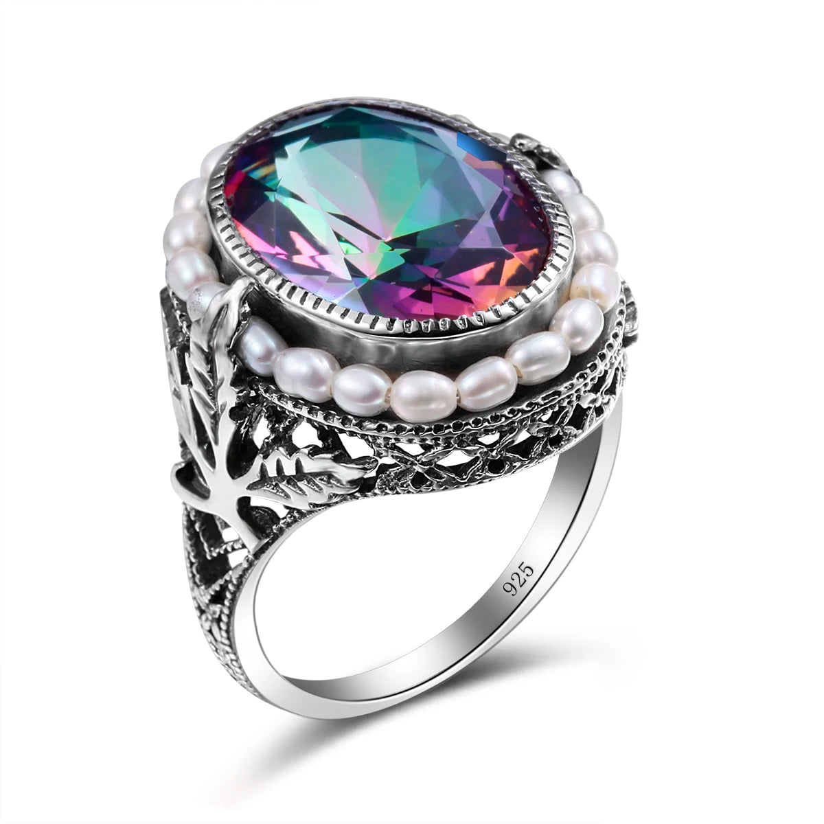 Wholesale Luxury Vintage Maple Leaf Natural Pearl Rainbow Topaz Silver Gemstone Ring Women 925 Sterling with Natural Stone