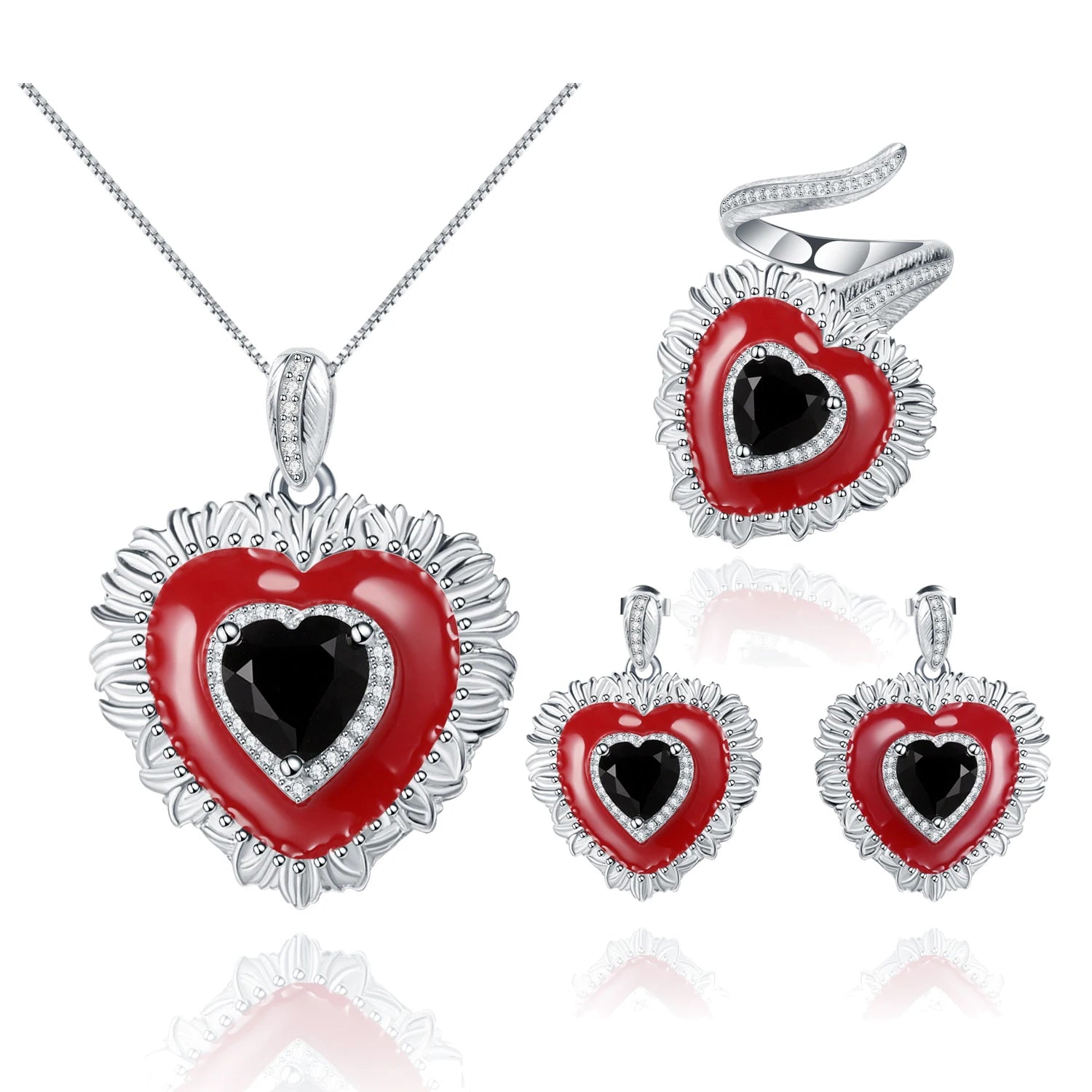 Abiding 925 Sterling Silver Handmade Enamel Heart Flower Pendant Necklace Natural Black Onyx Gemstones for Women Fine Jewelry