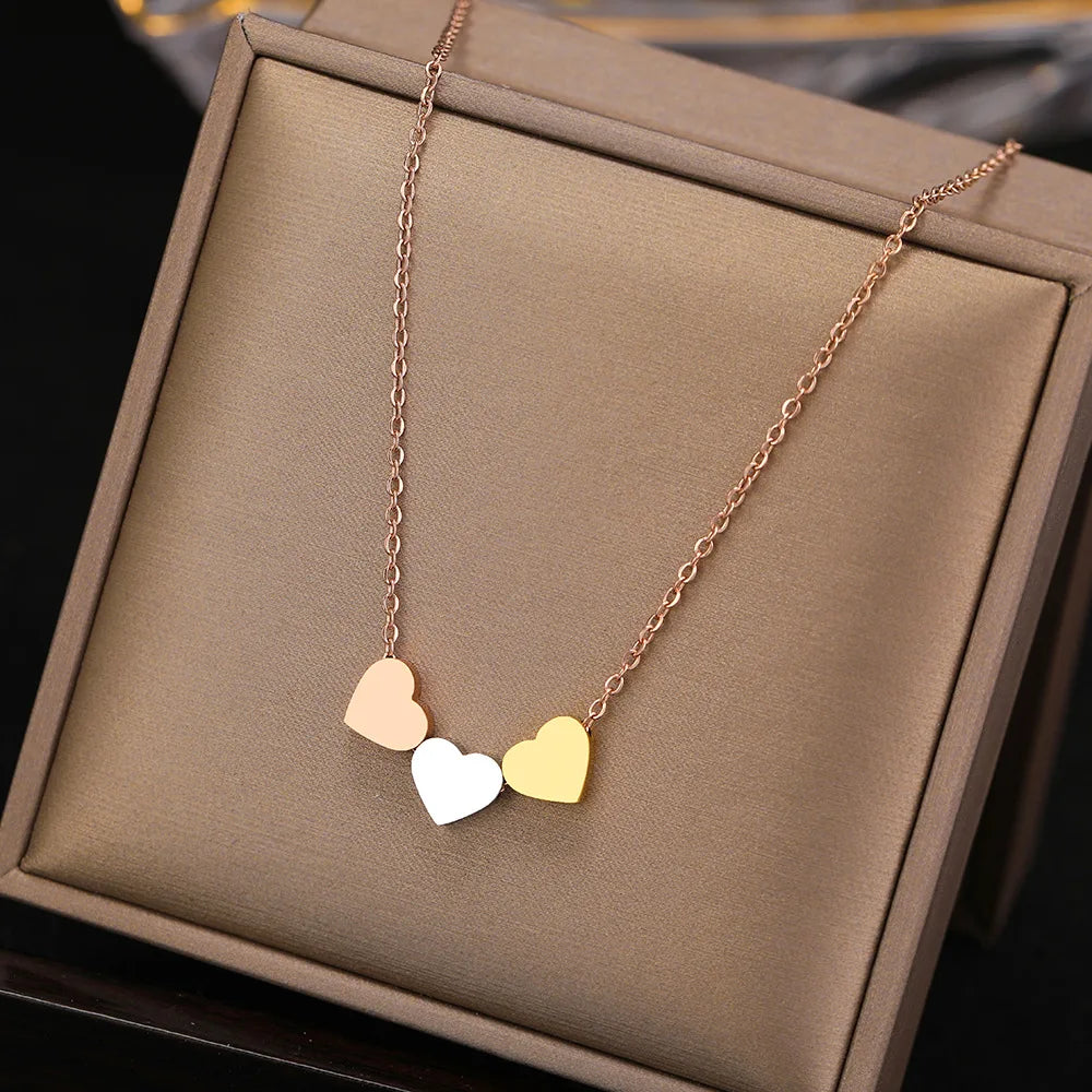 Luxury Non Tarnish Rose Silver 18K Gold Plated Stainless Steel Women Three Heart Pendant Necklace Jewelry