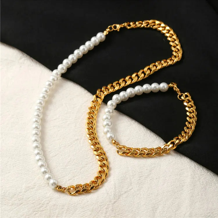 SC Personalized Stainless Steel Chain Pearl Splice Choker Hip Hop Rock Titanium Steel Men Necklace Bracelet