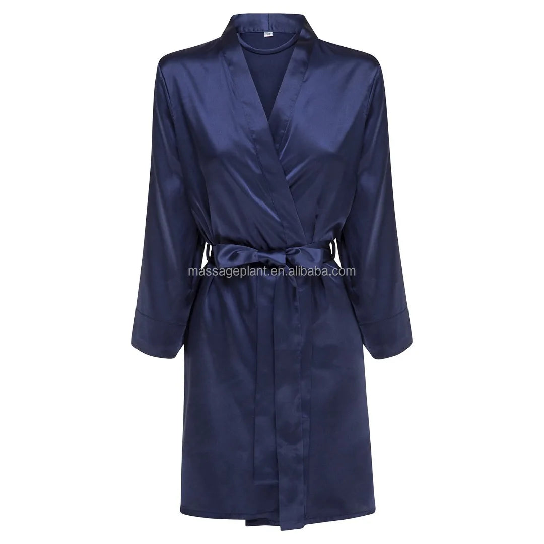 Custom Silk Satin Kimono Embroidered Polyester Pajamas  Bride Bridesmaid Blue Satin Robe