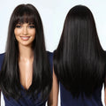 Dark Brown Synthetic Straight Wigs with Bangs Long Smooth Hair Wig for Women Heat Resistant Natural Looking Daily Use