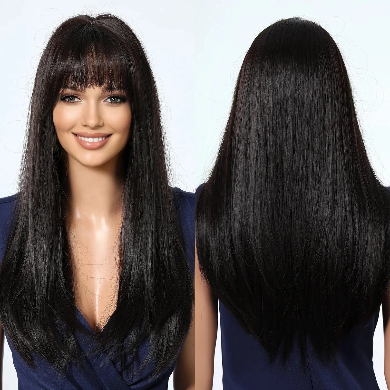 Dark Brown Synthetic Straight Wigs with Bangs Long Smooth Hair Wig for Women Heat Resistant Natural Looking Daily Use
