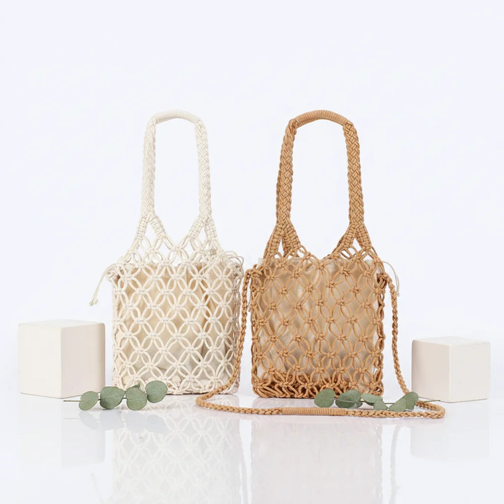 Fashionable Cotton Rope Mesh Open Closure New Pure Color Dual-Purpose Cross-Body Woven Bag Work Beach Autumn Summer Lady Straw