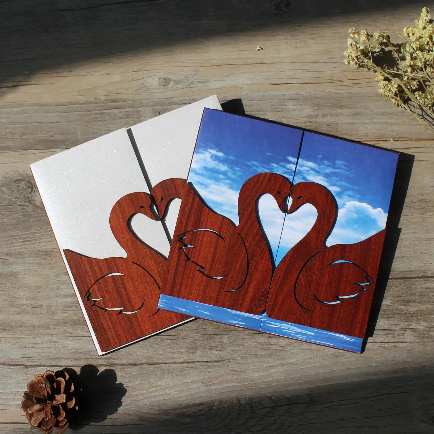 Wholesale Laser Cut Mandarin Duck Pattern Blank Printing Wooden Wedding Invitation Card Tri-fold Card Wooden Crafts