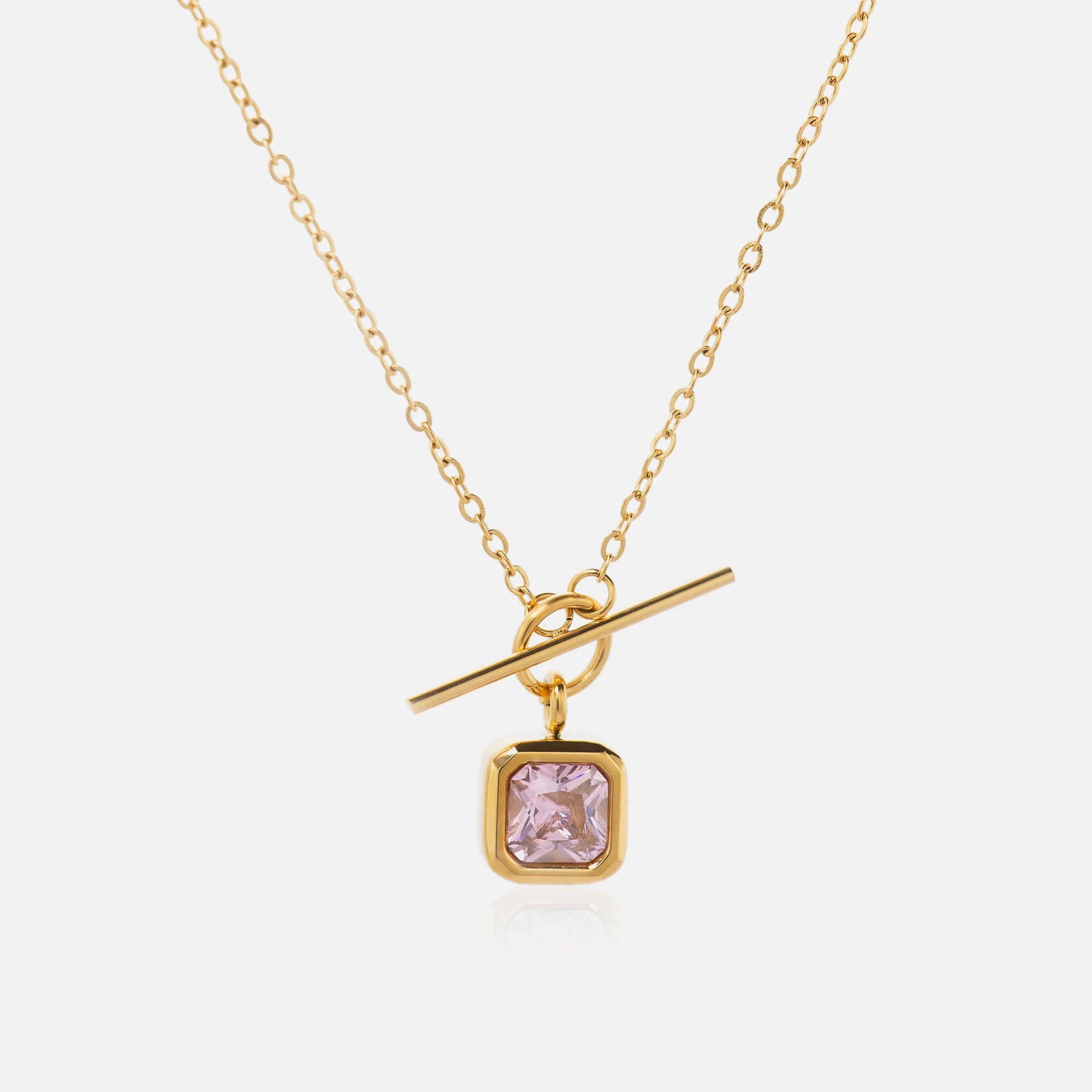 2024 Dazan Winter New 18k Gold Plated Stainless Steel Boho Unique Vintage T Bar Square Pink Cute Idol Zircon Pendant Necklace