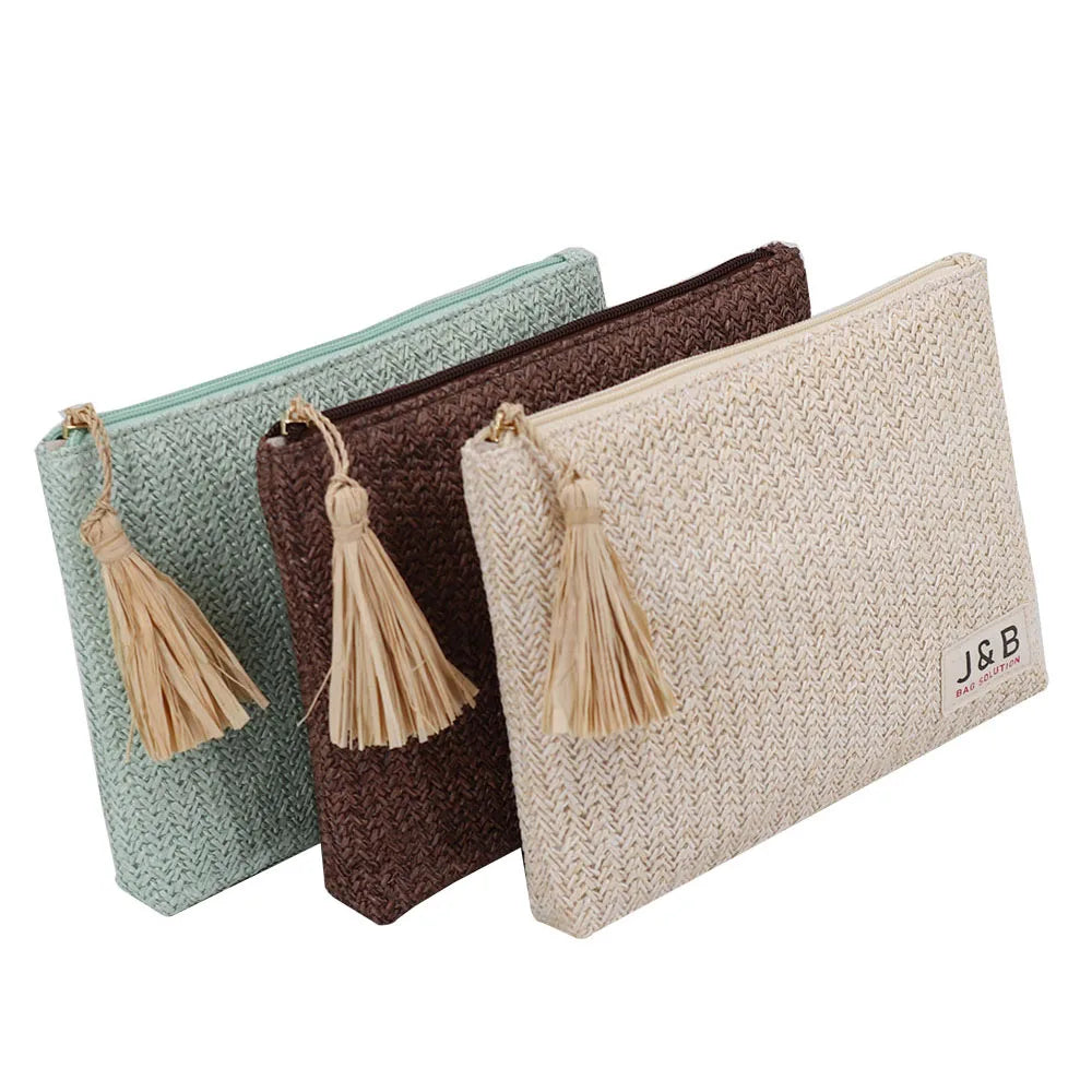 Fashion Natural Straw Zipper Pouch Bag with Raffia Tassel Factory Custom Casual Straw Makeup Beauty Gift Bags for Women