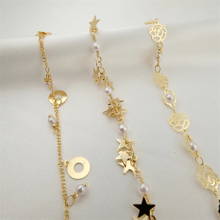 Necklace with Chains Gold Plated 18K Not Allergic Jewelry Finding Chains Pentagram Pearl Brass