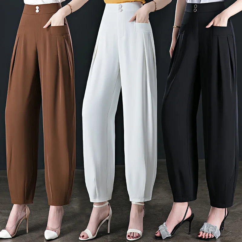 S-5XL Harem Pants Women's Summer High Waist Drape Ice Silk Bloomers New Loose Casual Pants Ladies Slim Radish Pants