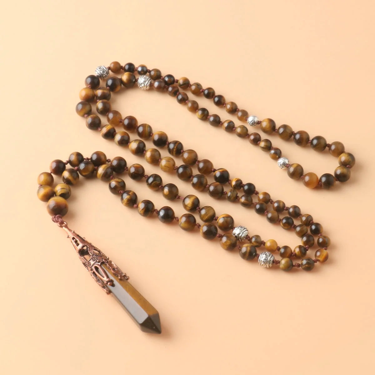 Fashion 108 Beads Healing Mala Necklace Tiger Eye Hexagonal Pendant Necklace Natural Stone Mala Prayer Beads Necklace for Women
