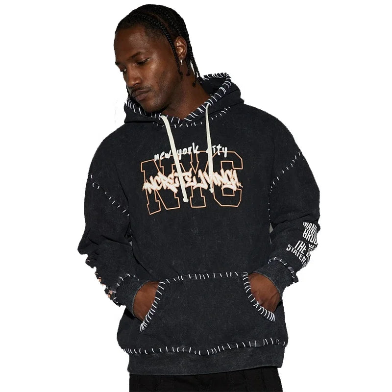 KY Men's Vintage Acid Washed Pullover Hoodie Heavyweight Contrast Stitching Silk Screen Print Plus Size Fitness Fitness