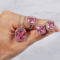 Trendy Luxury 4Pcs Platinum Plated Zirccon Earrings Rings Necklace Set Pink Square Diamond Zircon Jewelry Set for Ladies