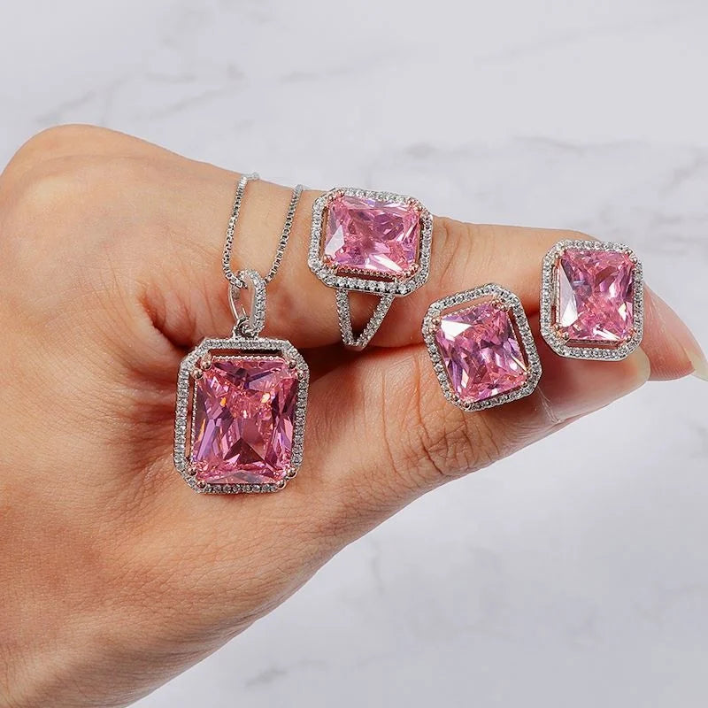 Trendy Luxury 4Pcs Platinum Plated Zirccon Earrings Rings Necklace Set Pink Square Diamond Zircon Jewelry Set for Ladies
