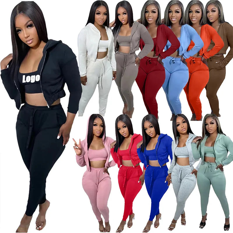 Custom Slim Women Sweatsuit Set Tracksuit Zip up Fall Jogging Hoodie Set Women Three Piece Pants Sets Solid Joggers Pants Suits