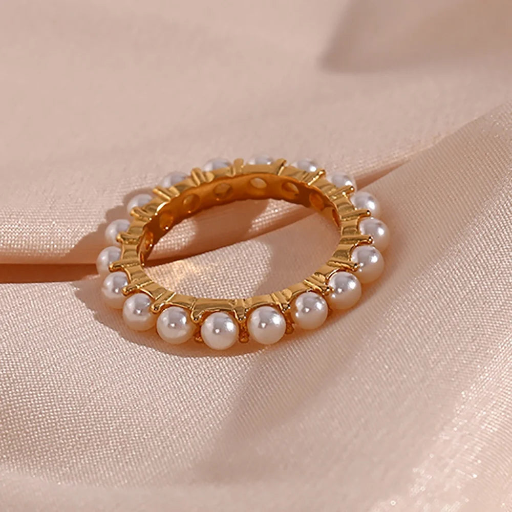 Dreamshow Elegant Imitation Pearl Engagement Ring 18k Gold Plated Stainless Steel Wedding Jewelry