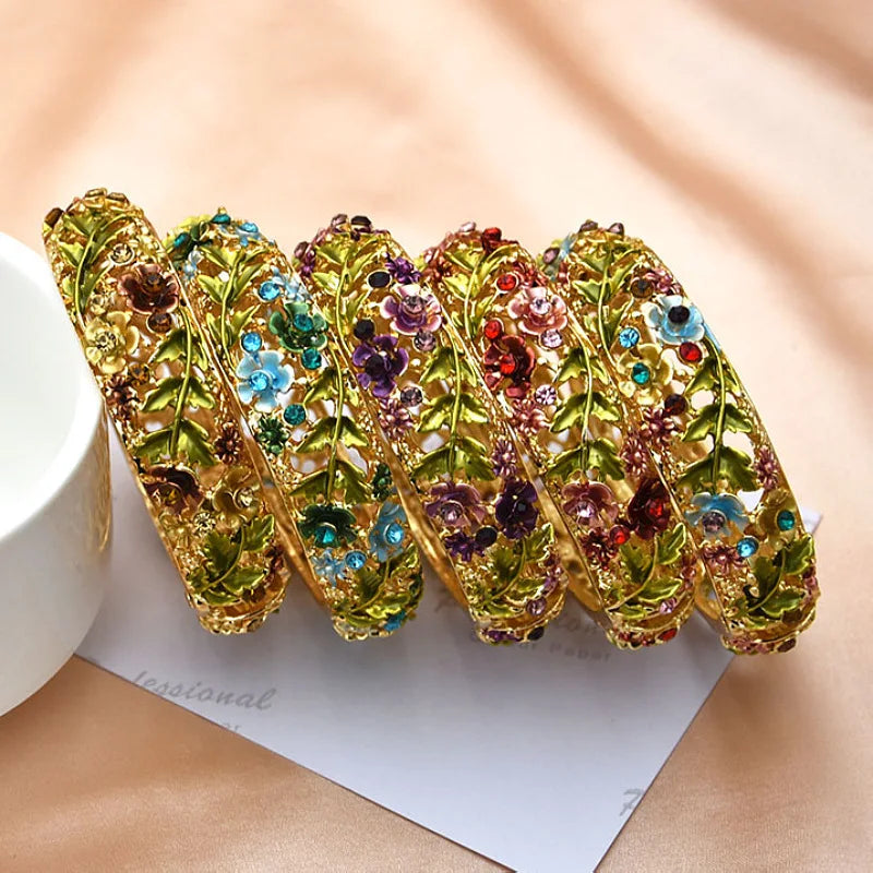 Kaimei Wholesale Fashion Cheap Jewelry Retro Rose Flower Diamond Bangle Hollow Antique Painted cloisonne Bracelet Bangles Women