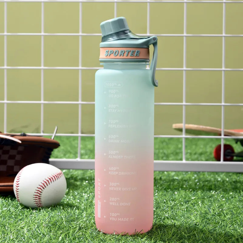 Gradient Plastic Water Bottle Outdoor Gym Water Cup 1L Large Capacity Sports Travel Outdoor Mug with Capacity Scale Business Cup