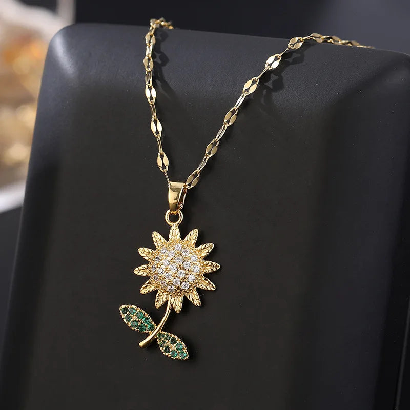 Collares De Girasoles Inlaid Zircon Stainless Steel Necklace Sunflower Necklaces for Girlfriend Woman