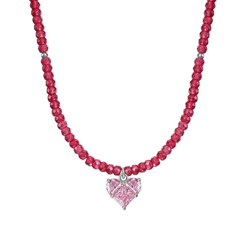 Dylam Sweet Girl Lady Dress up Jewelry S925 Silver Beads Chain Heart Shape Sparkle 5A Cubic Zirconia Pendant Necklaces