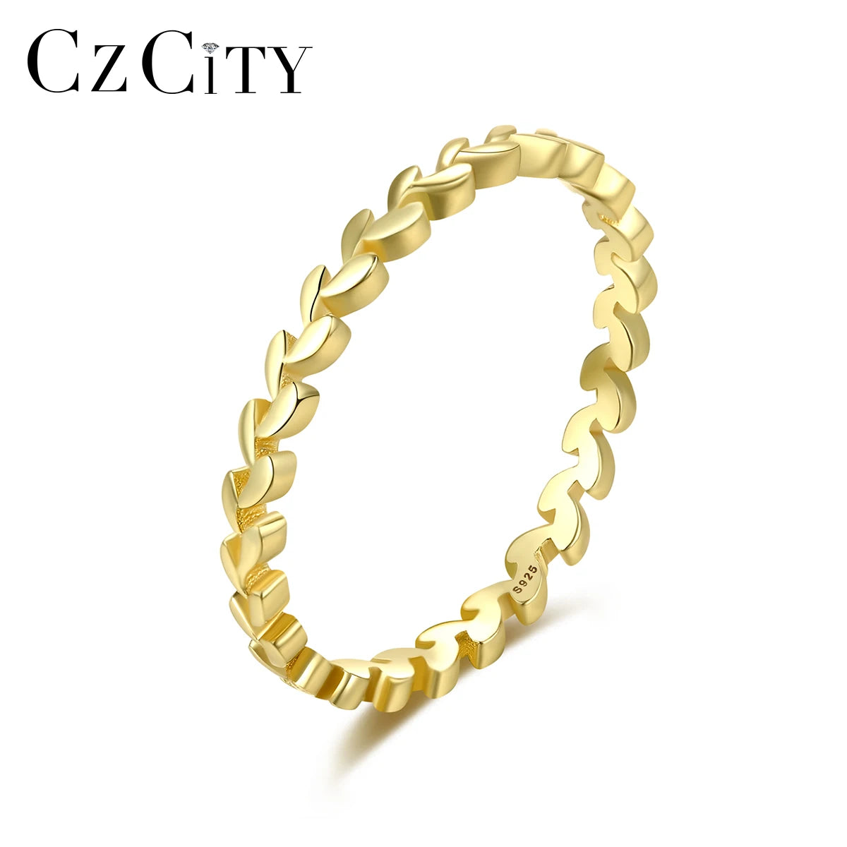 CZCITY Luxury Womans Wave Rings 925 Silver 14K Gold Plated Leaf Shape Ladies Thin Leaf Band Ring