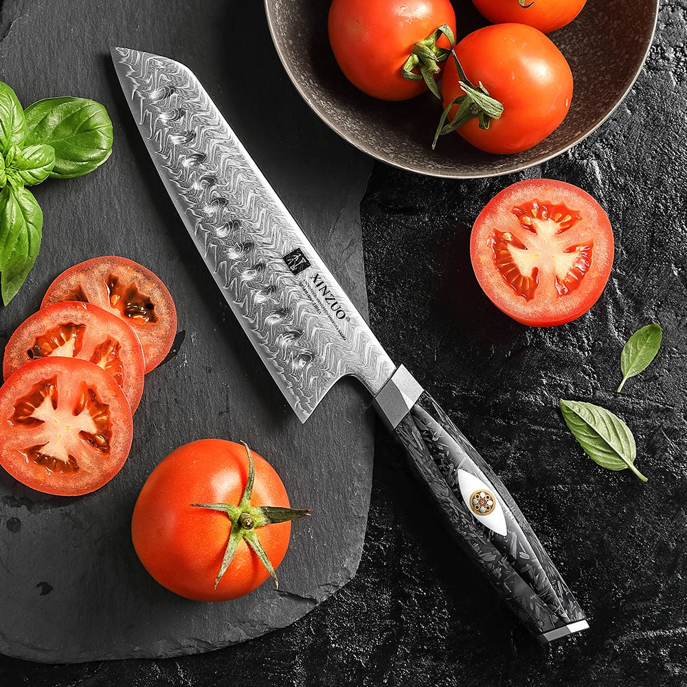 High End M390 Damascus Steel Kitchen Slicing Knives Black Carbon Fiber Resin Handle Razor Sharp Santoku Knife New