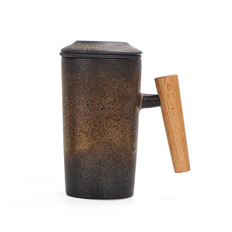 Japanese Vintage Style Ceramic Coffee Mug with Wood Handle Rust Glaze Tea Milk Beer Tumbler Home Office Drinkware