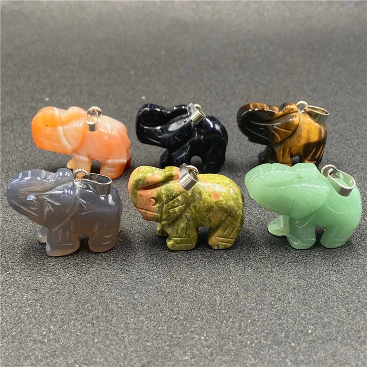 Hand Carved Gemstone Elephant Pendant Necklace Women Men Healing Protection Lucky Quartz Crystal Charm 26x38mm 18" Black Cord