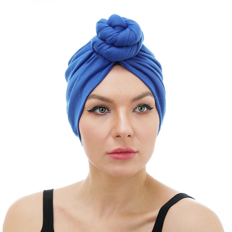 Knot Turban Head Wrap Knot Beanies Cap Fashion Plain Women Pre-Tied Bonnet Stretch Scarf Hat