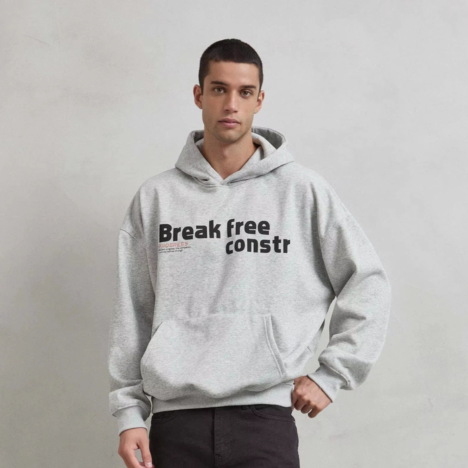 Break Free CONSTR Patchwork Design Gris Jaspe Oversize Boxy Fit Men's Winter Hoodie Embroidered Screen Printed Heavyweight 90's