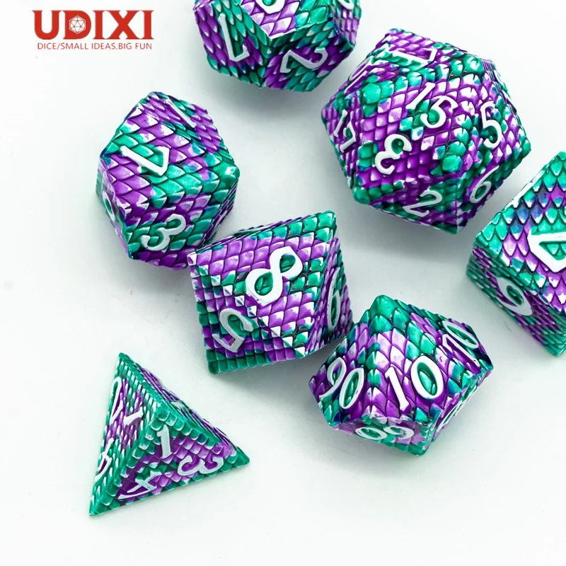 For Udixi Custom Logo RPG Polyhedral Dungeons Dragons Set Purple & Green Dragon Scale Metal Dice Purple Green Metal Box Packagin