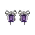 Romantic Rhodium-Plated 925 Sterling Silver Natural Amethyst Bow Stud Earrings for Women's Weddings Anniversaries Birthdays