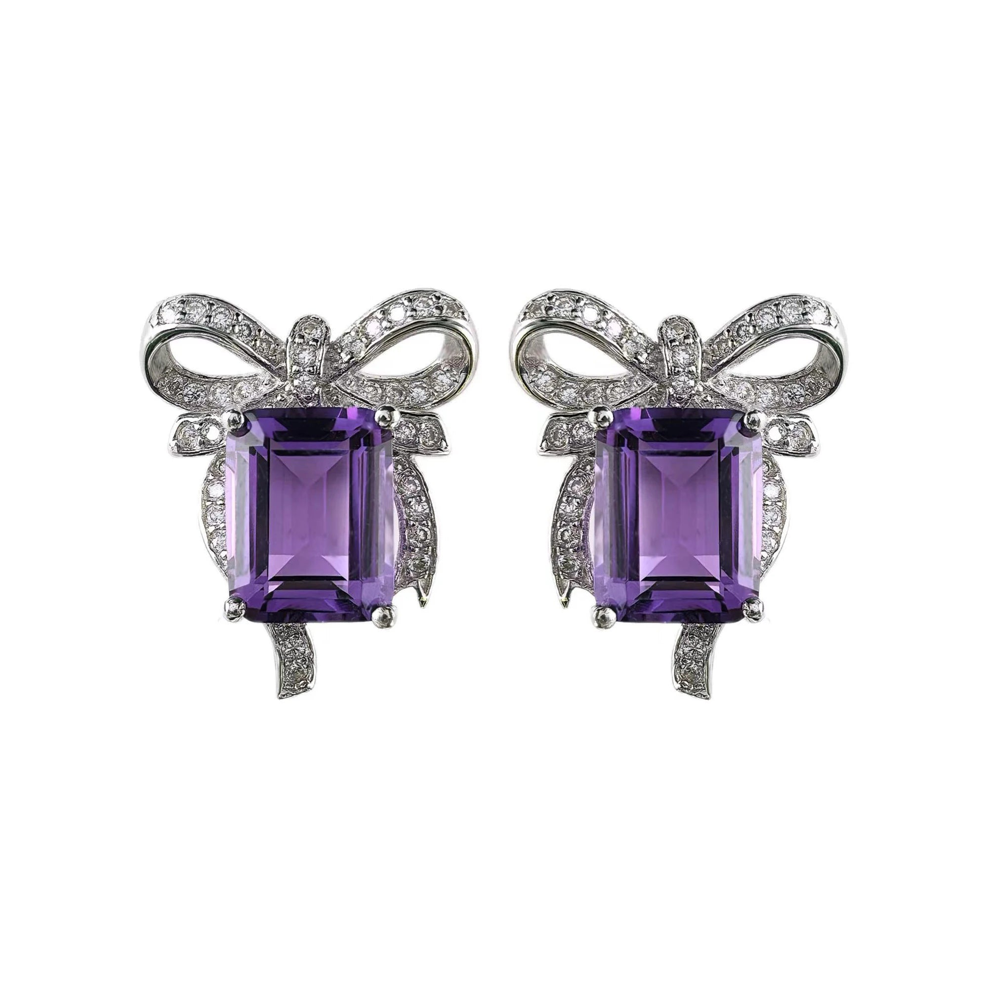 Romantic Rhodium-Plated 925 Sterling Silver Natural Amethyst Bow Stud Earrings for Women's Weddings Anniversaries Birthdays