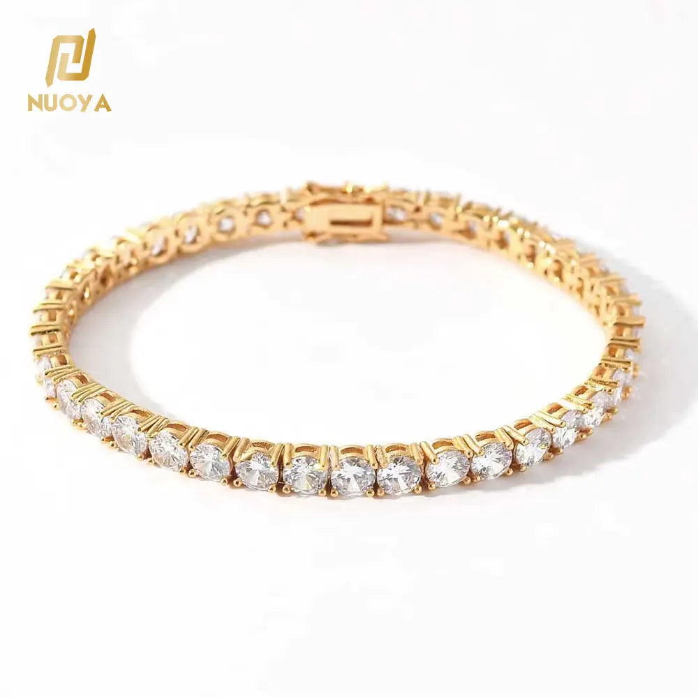 NUOYA 4MM Hip Hop Tennis Chain Zircon Bracelet Full Diamond Iced Out Tennis Chain Bracelet 18k Gold Plated Jewelry